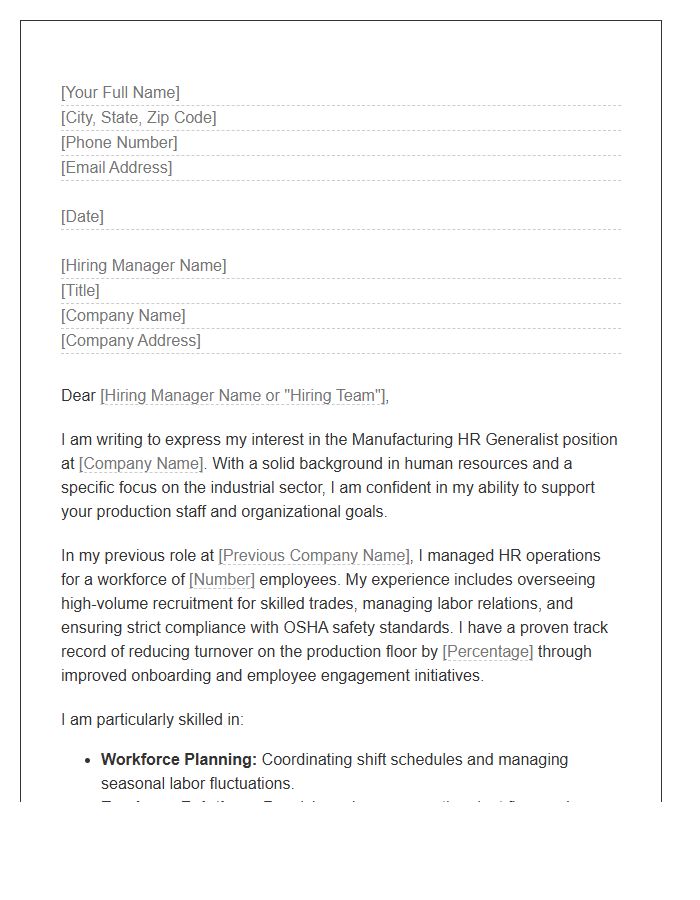 Manufacturing HR Generalist Cover Letter Template
