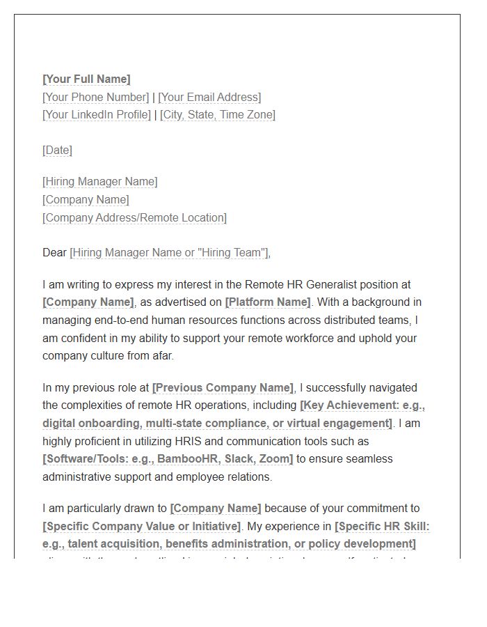 Remote HR Generalist Cover Letter Template