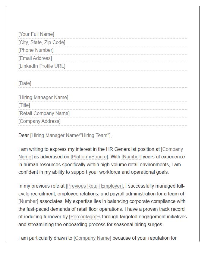 Retail Human Resources Generalist Cover Letter Template