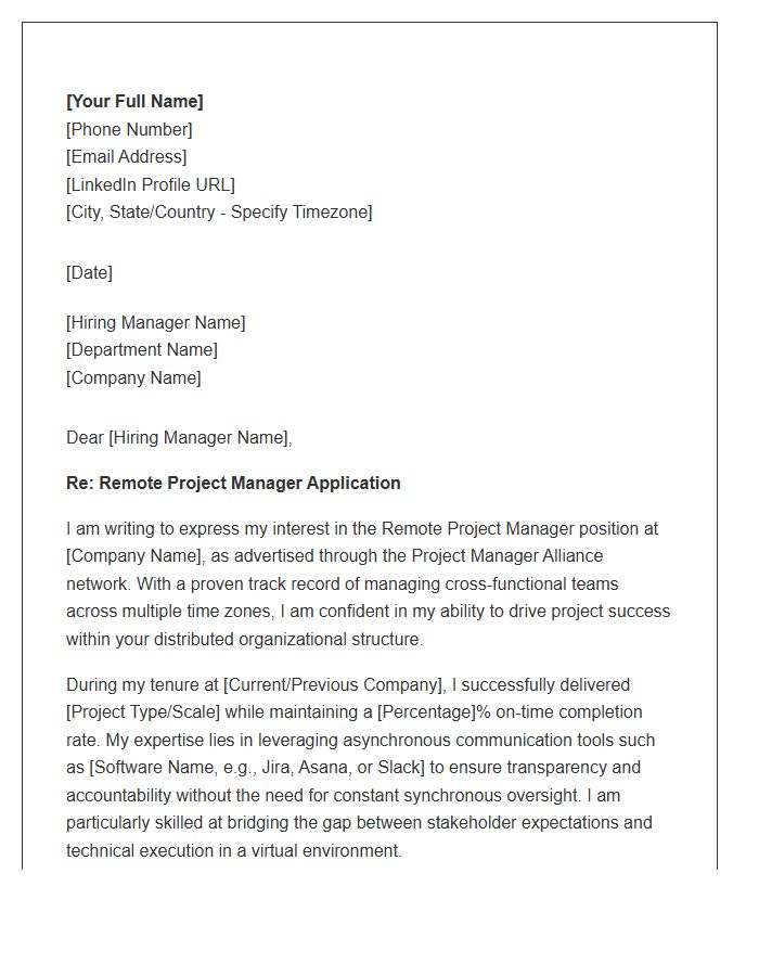 Remote Project Manager Alliance Cover Letter Template