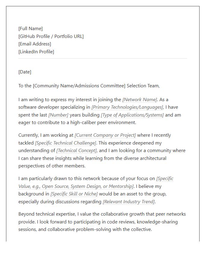 Software Developer Peer Network Cover Letter Template