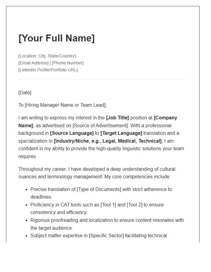 Translation Specialist Professional Network Cover Letter Template