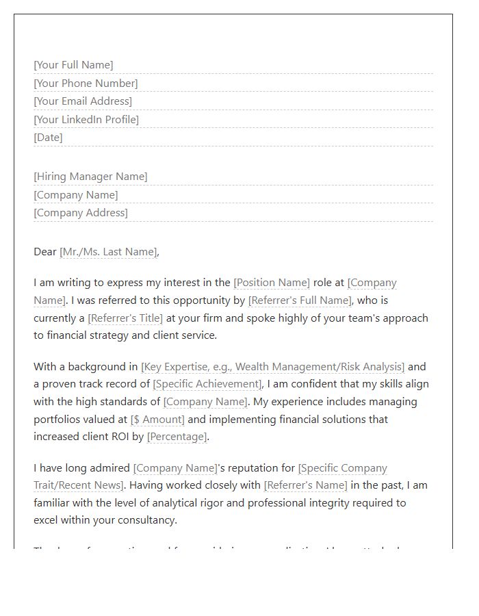Financial Services Consultant Referral Cover Letter Template