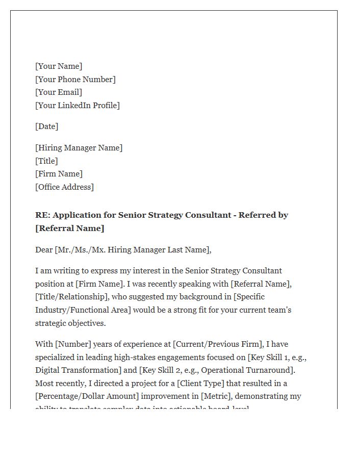 Senior Strategy Consultant Referral Cover Letter Template
