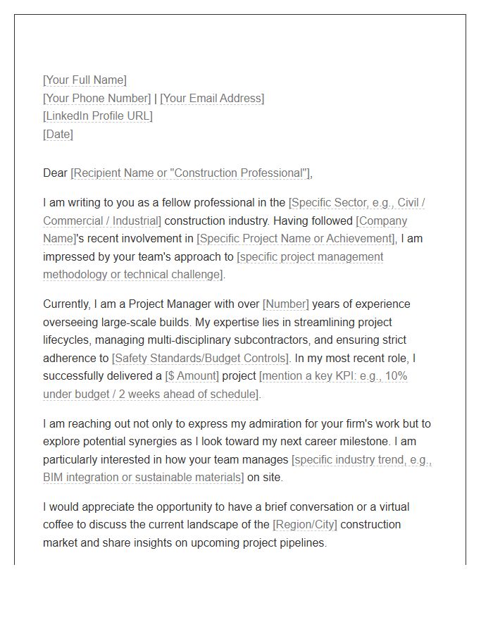 Construction Industry Project Management Networking Cover Letter Template