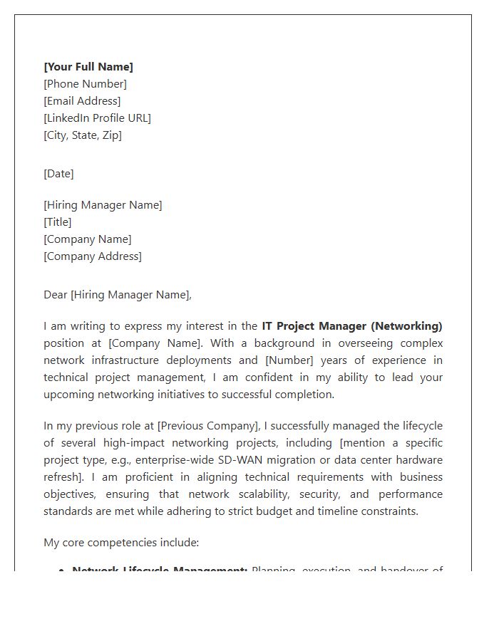 Information Technology Project Management Networking Cover Letter Template