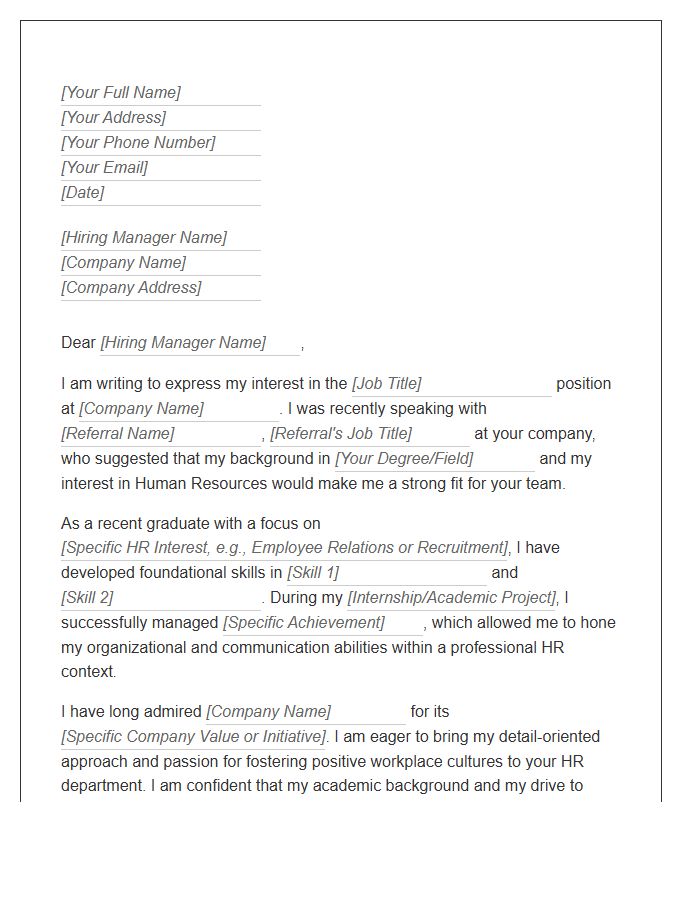 Entry Level HR Referral Cover Letter Template