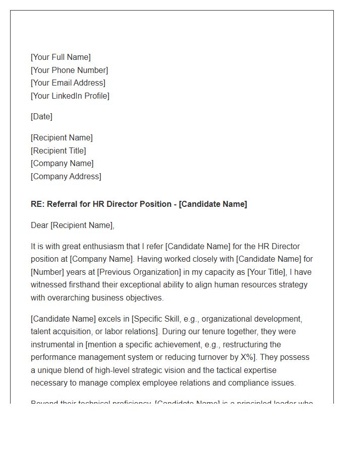 HR Director Professional Referral Cover Letter Template