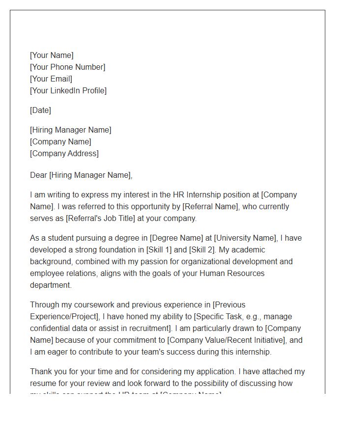 HR Internship Referral Cover Letter Template