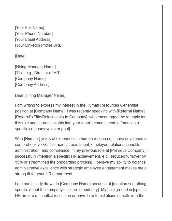 Human Resources Generalist Referral Cover Letter Template