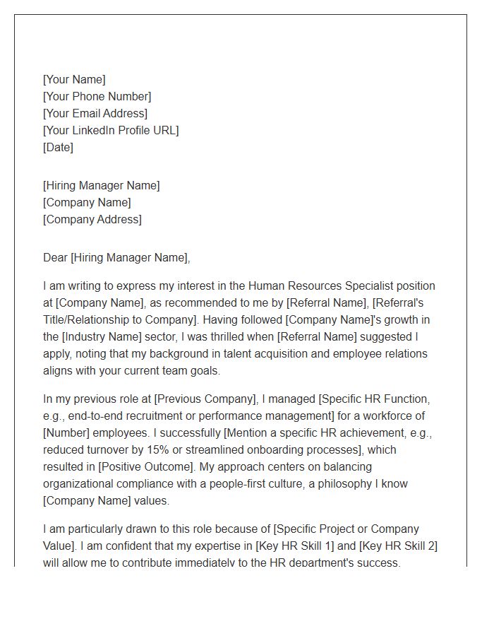 Human Resources Specialist Referral Cover Letter Template