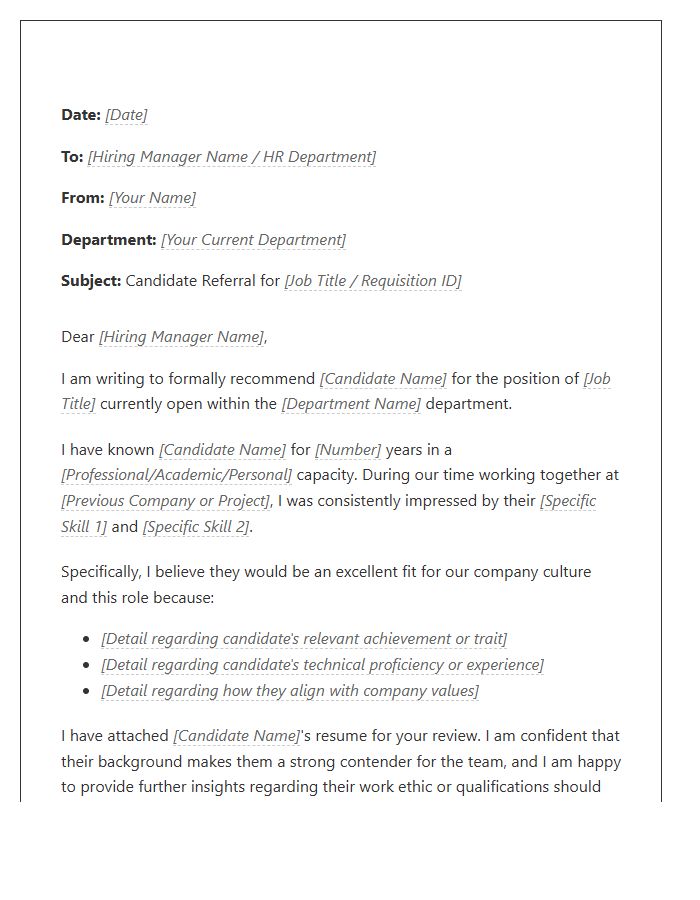 Internal HR Candidate Referral Cover Letter Template