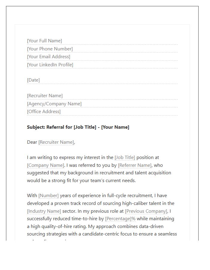 Recruitment Specialist Referral Cover Letter Template