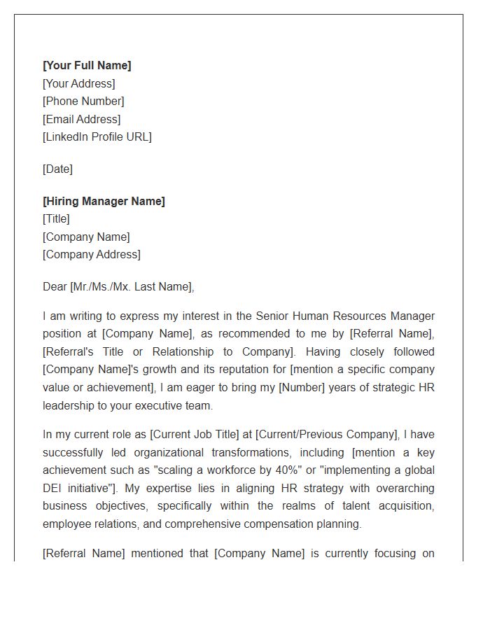 Senior Human Resources Manager Referral Cover Letter Template