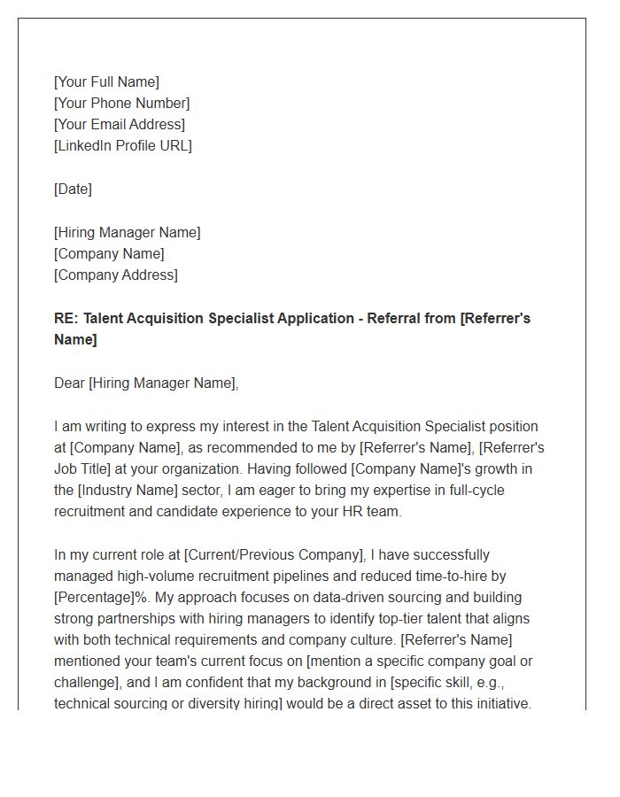 Talent Acquisition Specialist Referral Cover Letter Template