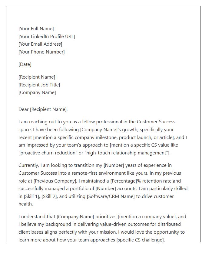 Remote Customer Success Networking Cover Letter Template