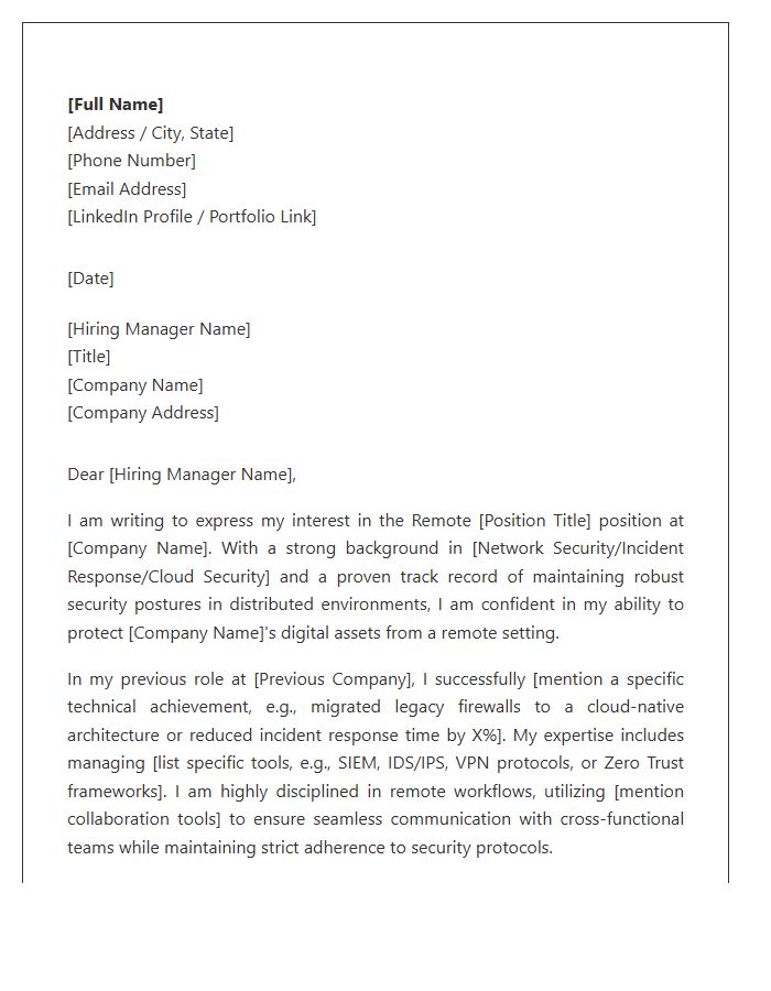 Remote Cyber Security Network Cover Letter Template