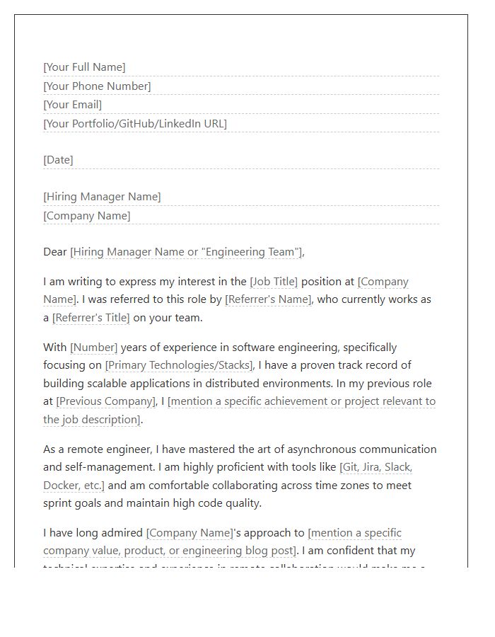 Remote Software Engineer Referral Cover Letter Template