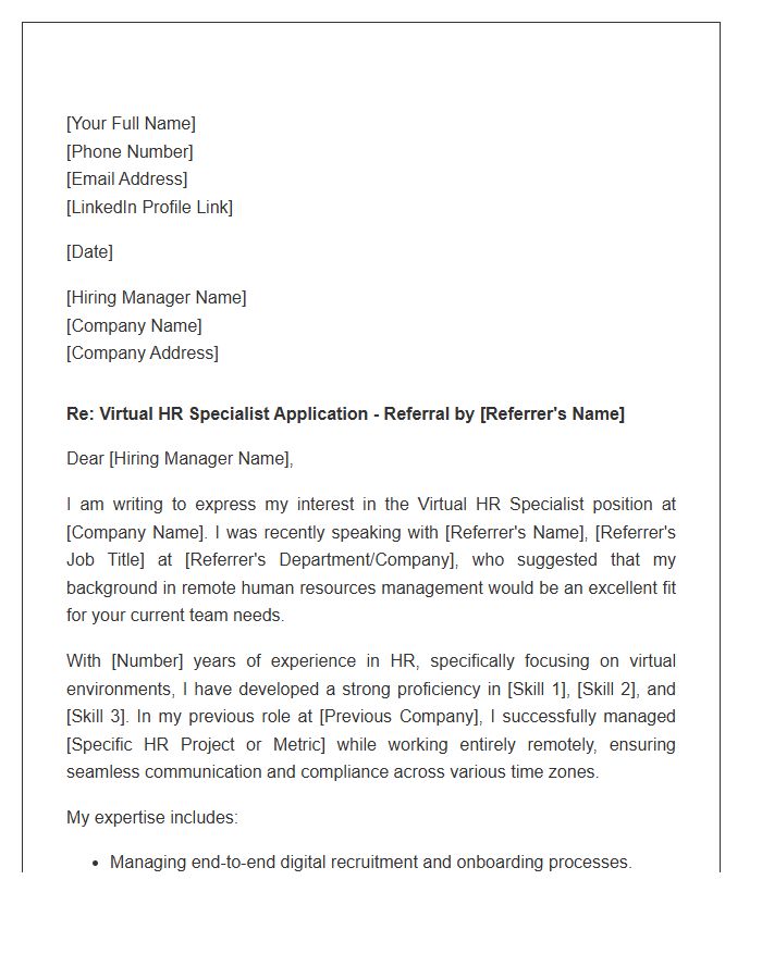 Virtual HR Specialist Referral Cover Letter Template