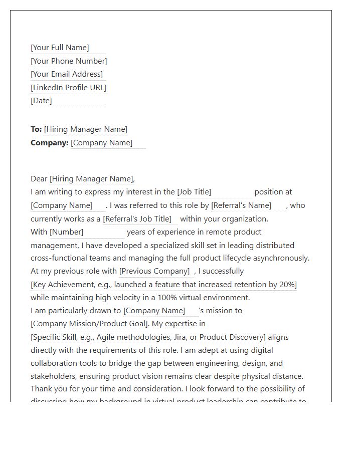 Virtual Product Manager Referral Cover Letter Template