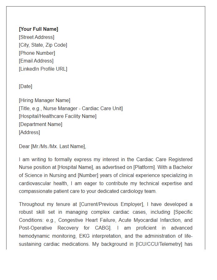 Cardiac Care Registered Nurse Professional Cover Letter Template