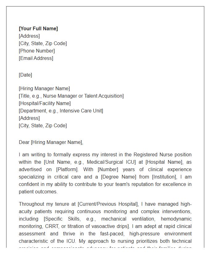 Intensive Care Unit Registered Nurse Professional Cover Letter Template