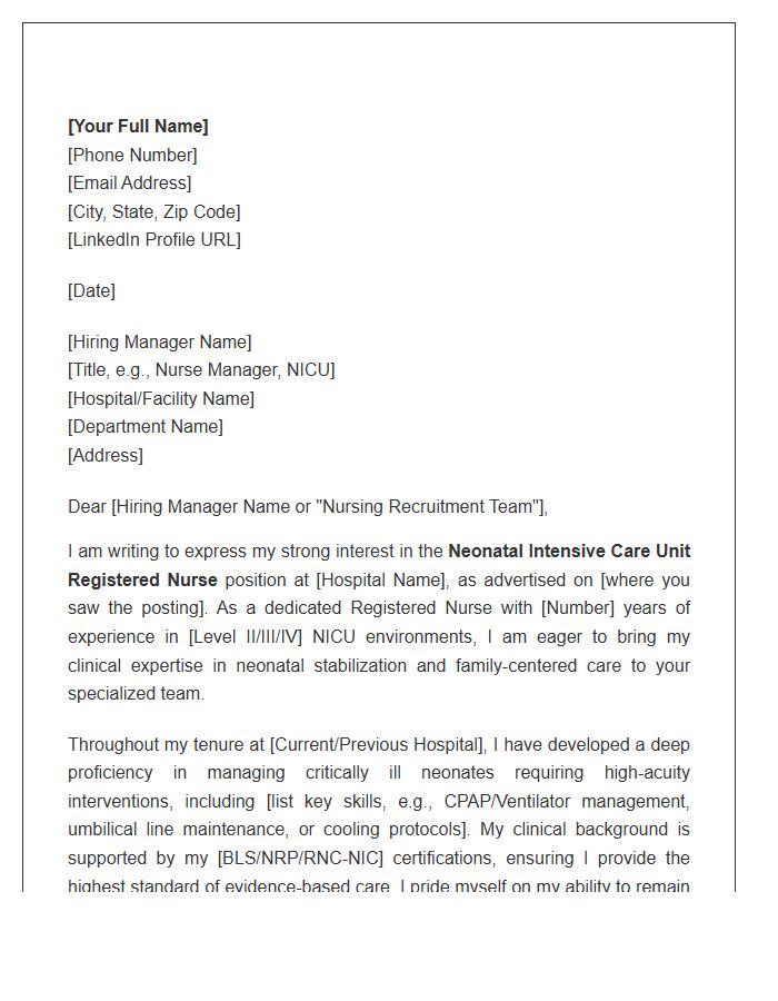 Neonatal Intensive Care Unit Registered Nurse Cover Letter Template