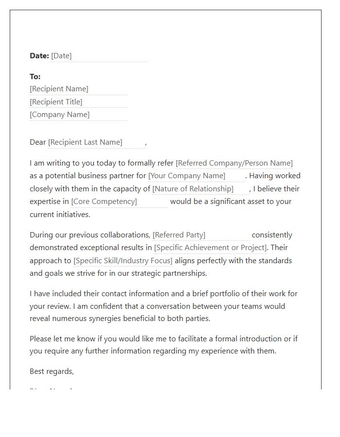 Business Partner Referral Cover Letter Template