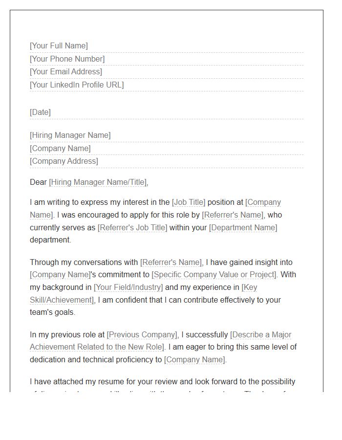 Corporate Network Referral Cover Letter Template
