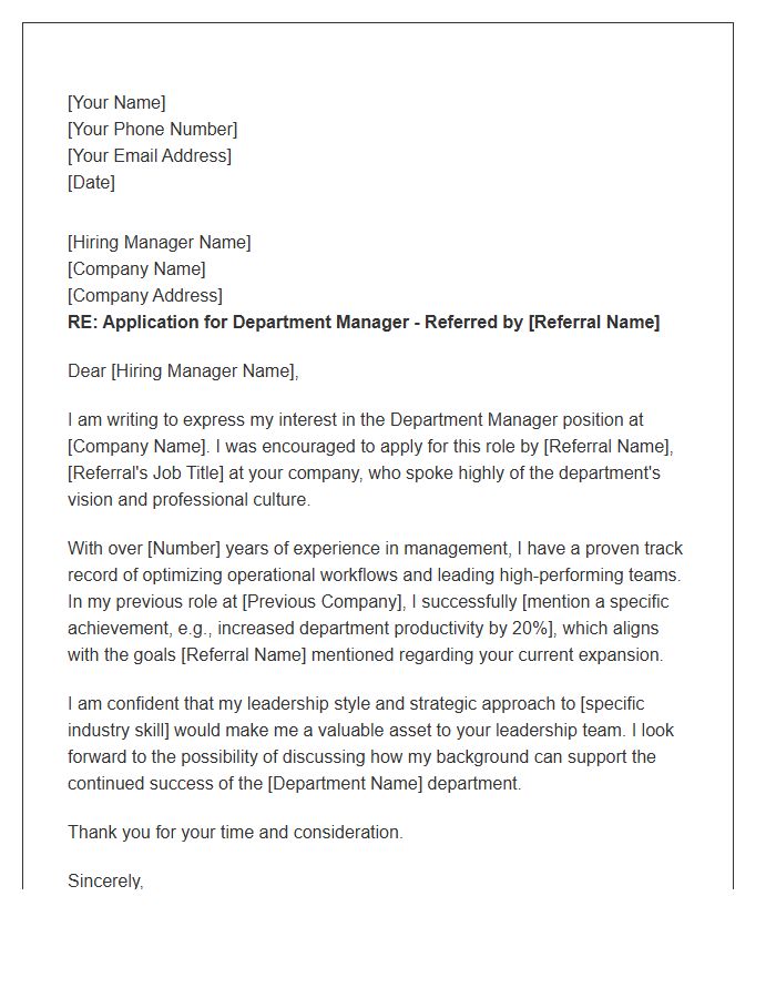 Department Manager Referral Cover Letter Template