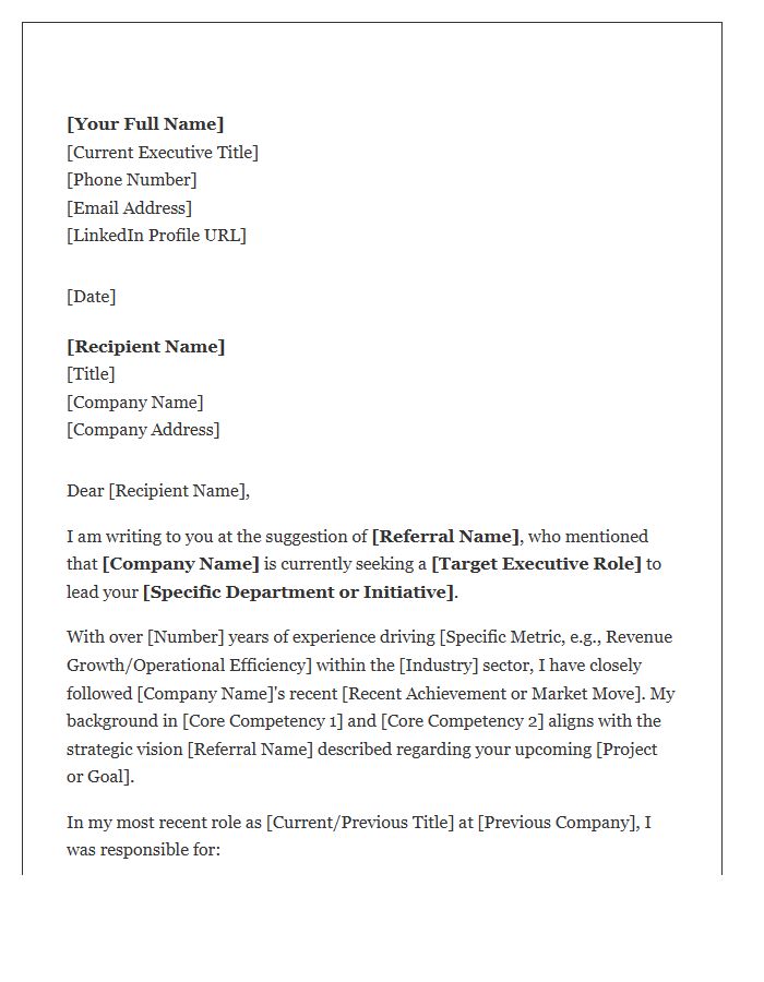 Executive Level Referral Cover Letter Template