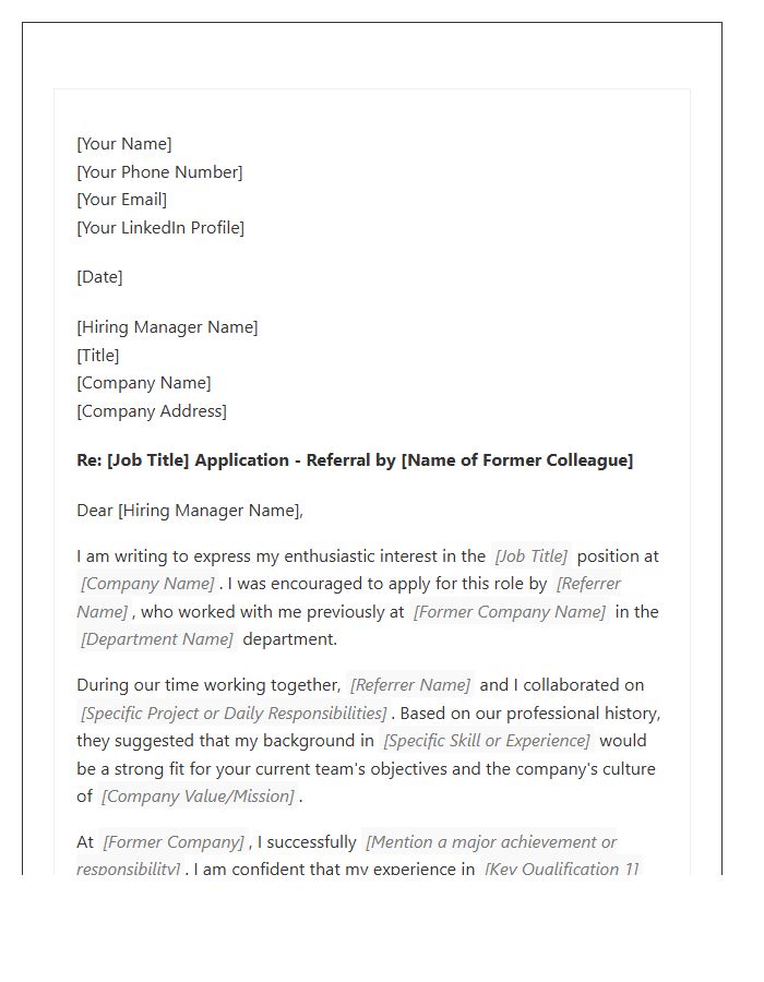 Former Colleague Referral Cover Letter Template
