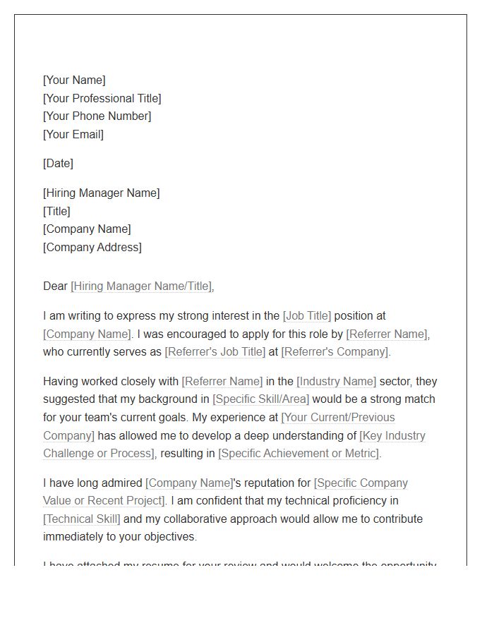 Industry Peer Referral Cover Letter Template