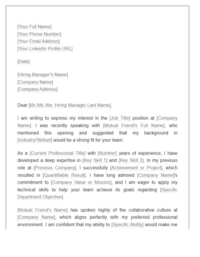 Mutual Friend Professional Referral Cover Letter Template