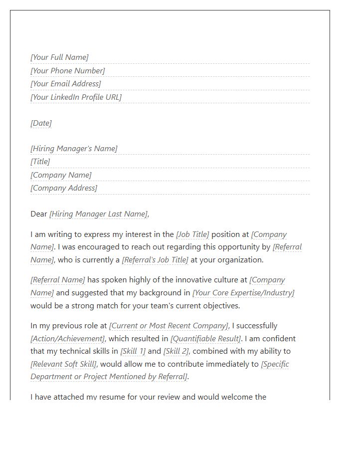 Professional Networking Referral Cover Letter Template