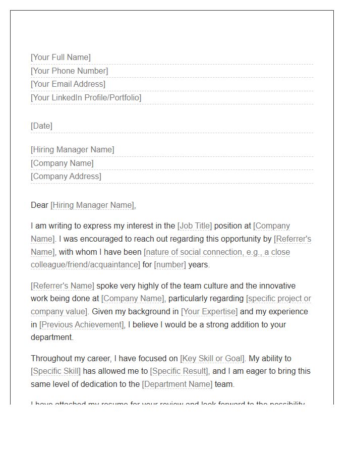 Social Connection Referral Cover Letter Template