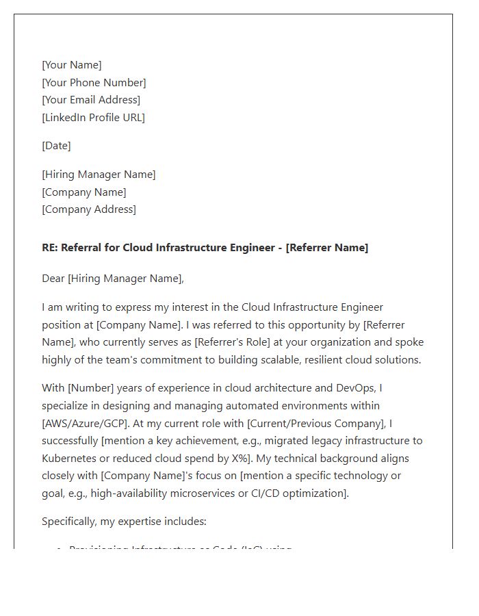 Cloud Infrastructure Engineer Referral Cover Letter Template
