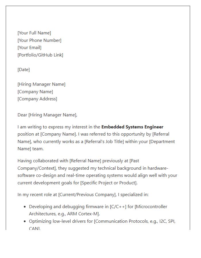Embedded Systems Engineer Referral Cover Letter Template