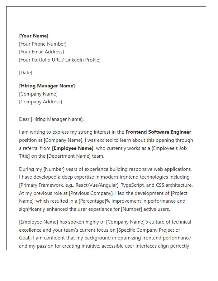 Frontend Software Engineer Employee Referral Cover Letter Template