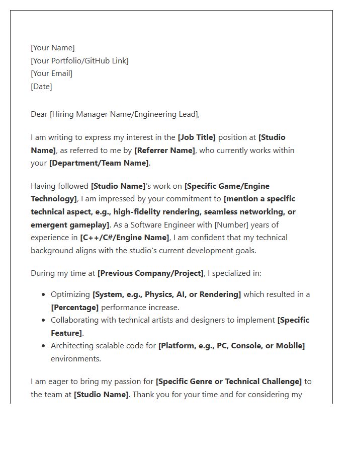 Game Development Software Engineer Referral Cover Letter Template