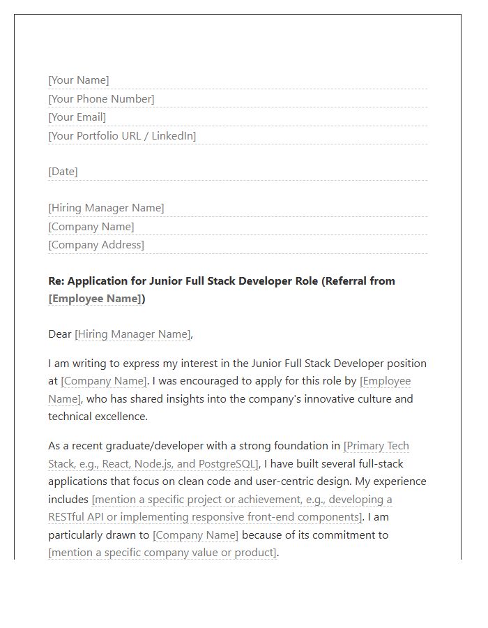 Junior Full Stack Developer Referral Cover Letter Template