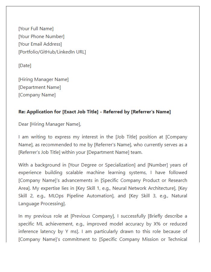 Machine Learning Engineer Referral Cover Letter Template