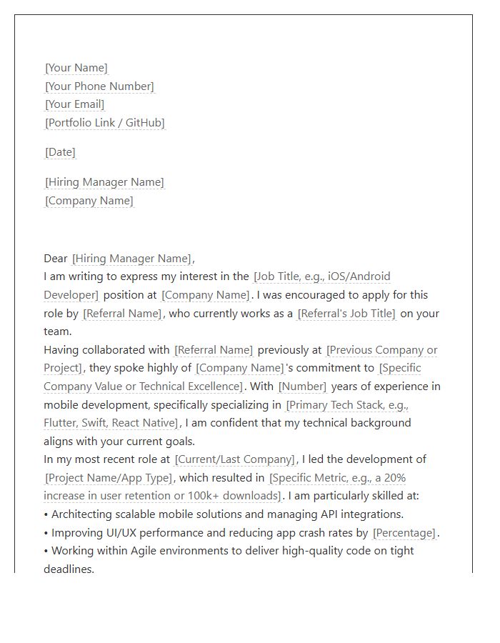 Mobile App Developer Referral Cover Letter Template