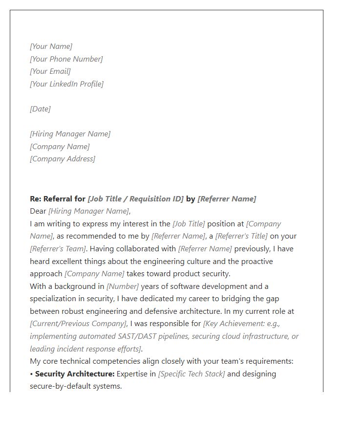 Security Software Engineer Referral Cover Letter Template