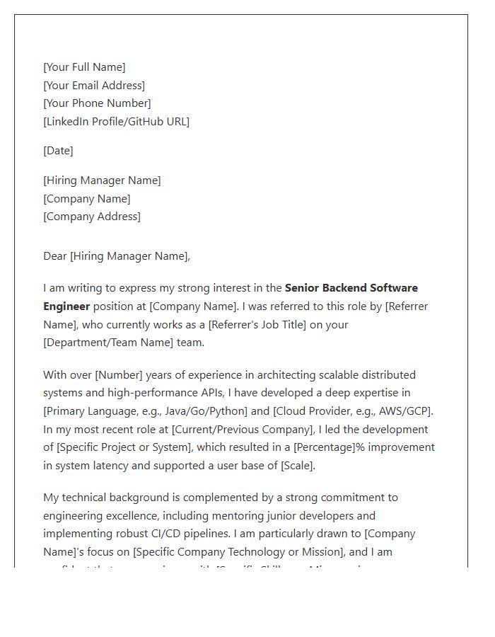 Senior Backend Software Engineer Referral Cover Letter Template
