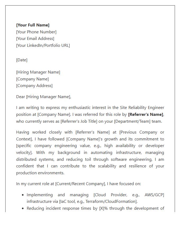 Site Reliability Engineer Referral Cover Letter Template