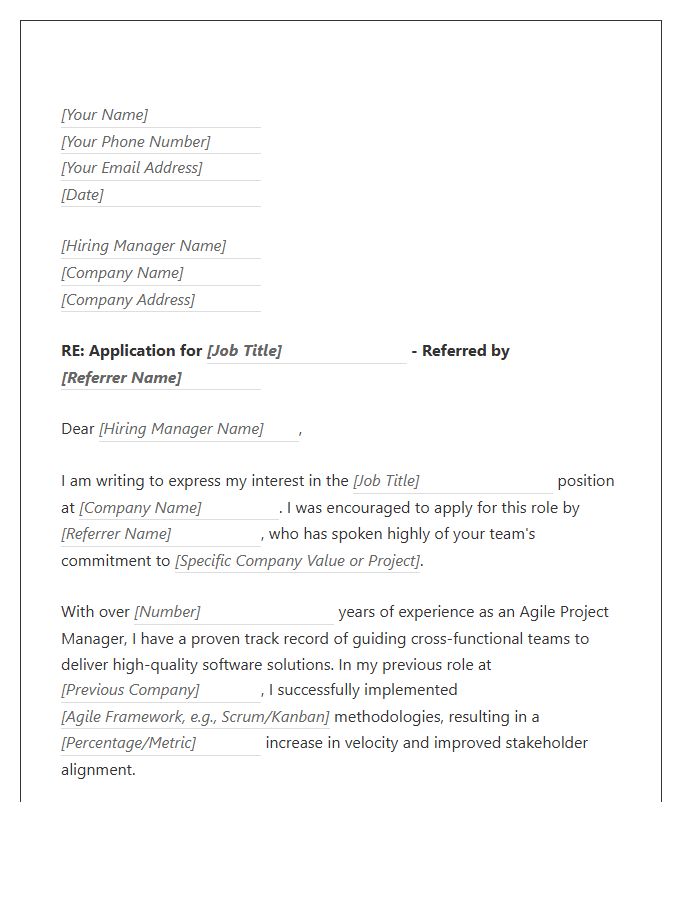 Agile Project Manager Referral Cover Letter Template