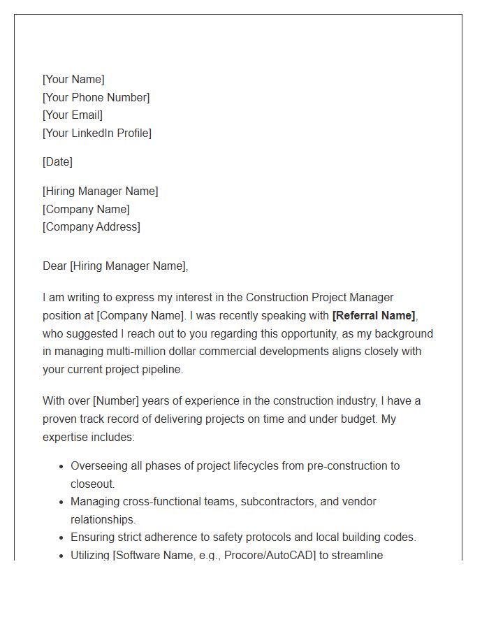 Construction Project Manager Referral Cover Letter Template