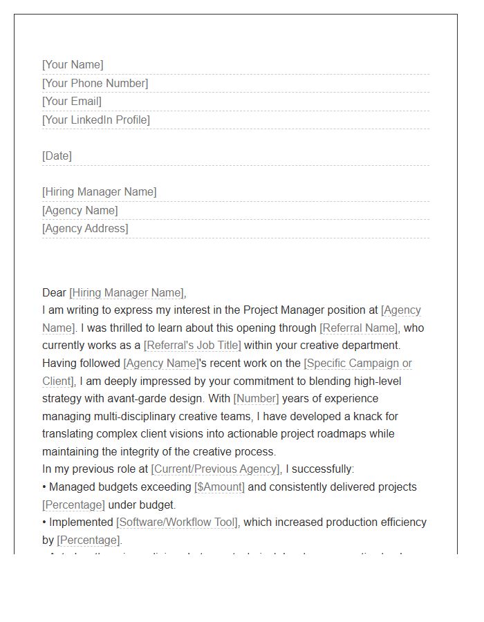 Creative Agency Project Manager Referral Cover Letter Template