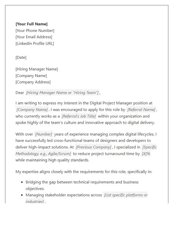 Digital Project Manager Referral Cover Letter Template